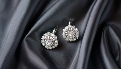 Fototapeta premium Elegant diamond earrings on dark gray satin.
