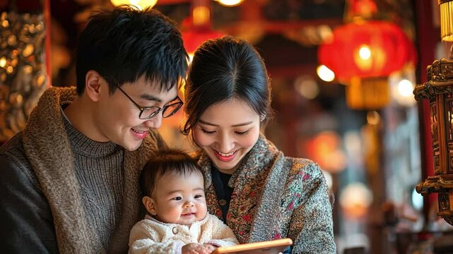 A couple in Beijing reviewing their baby growth milestones on an AI-driven app, with traditional Chinese decor in the background, blending modern technology with cultural heritage.