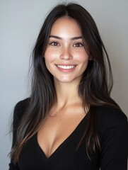 Fototapeta premium Beautiful Young Woman with Long Hair Smiling and Looking Confident Against a Soft Background : Generative AI