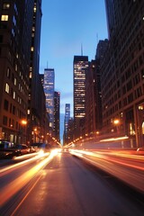 Obraz premium Stunning Urban Night Scene with Light Trails on a Busy City Street Illuminated by Skyscrapers : Generative AI