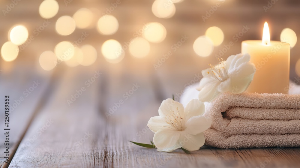 Poster Tranquil Spa Setting with Candle Soft Light Towels and White Flowers Creating a Peaceful Atmosphere : Generative AI