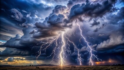 Dramatic Lightning Strikes Over Dark Stormy Clouds at Dusk