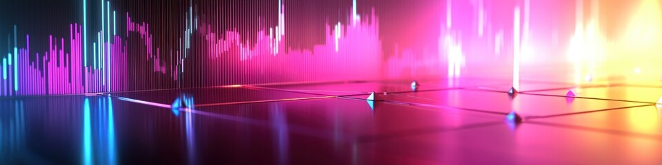 Stylized stock trendlines in vivid magenta and cyan, sharp axis markers 