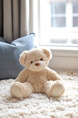 Soft Teddy Bear Sitting on Cozy Rug by Window in Bright Room : Generative AI