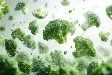 Broccoli flying mid-air in vibrant kitchen setting.