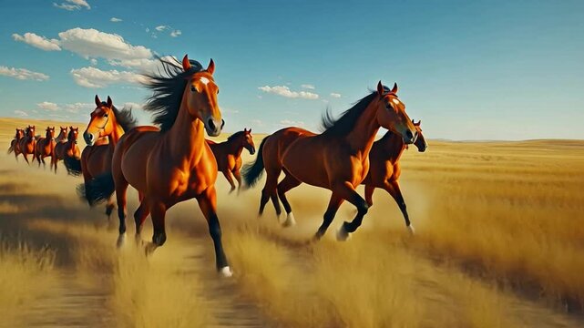 Adventurous wild horses galloping freely across the vast golden plains under a bright blue sky.