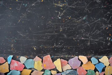 Colorful chalk pieces border on a textured black surface