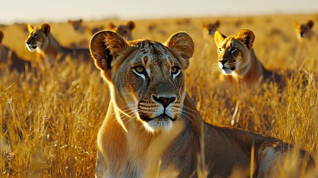 A pride of lions is lounging in the golden grasslands, basking under the warm African sun.