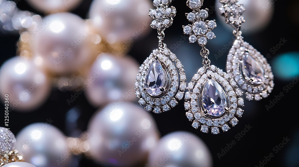 Poster elegant close up of sparkling jewelry with pearls and diamonds in focus : generative ai