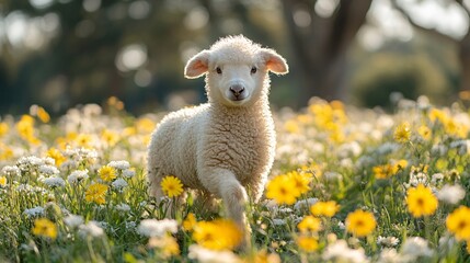 Obraz premium A fluffy lamb joyfully frolics in a sunlit meadow filled with blooming yellow and white flowers, radiating innocence and serenity in a picturesque countryside landscape