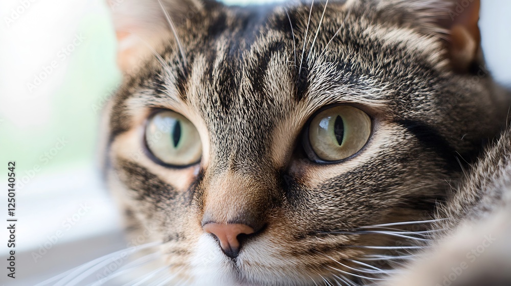 Poster detailed close up of a playful tabby cat with striking green eyes in a relaxed pose : generative ai