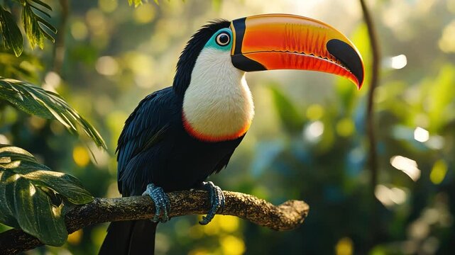 Amazing group of colorful toucans perched gracefully on tropical branches in the jungle.