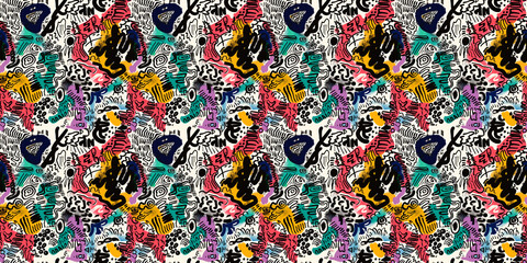 Fototapeta premium Cartoon hand-drawn doodles on the subject of summer holidays theme seamless pattern