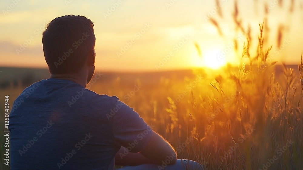 Aufkleber man enjoying a sunset moment in a golden wheat field capturing the essence of nature : generative ai
