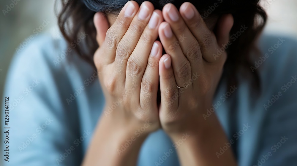 Poster emotional portrait of a woman covering her face with hands expressing feelings of sadness introspect