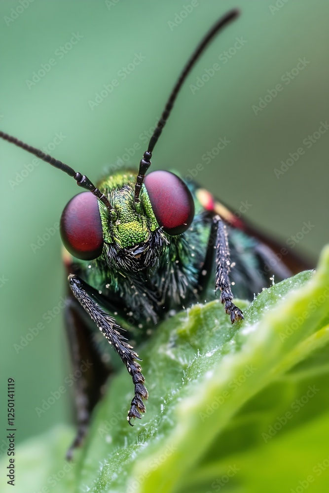 Poster vibrant close up of a colorful green butterfly resting on a leaf : generative ai