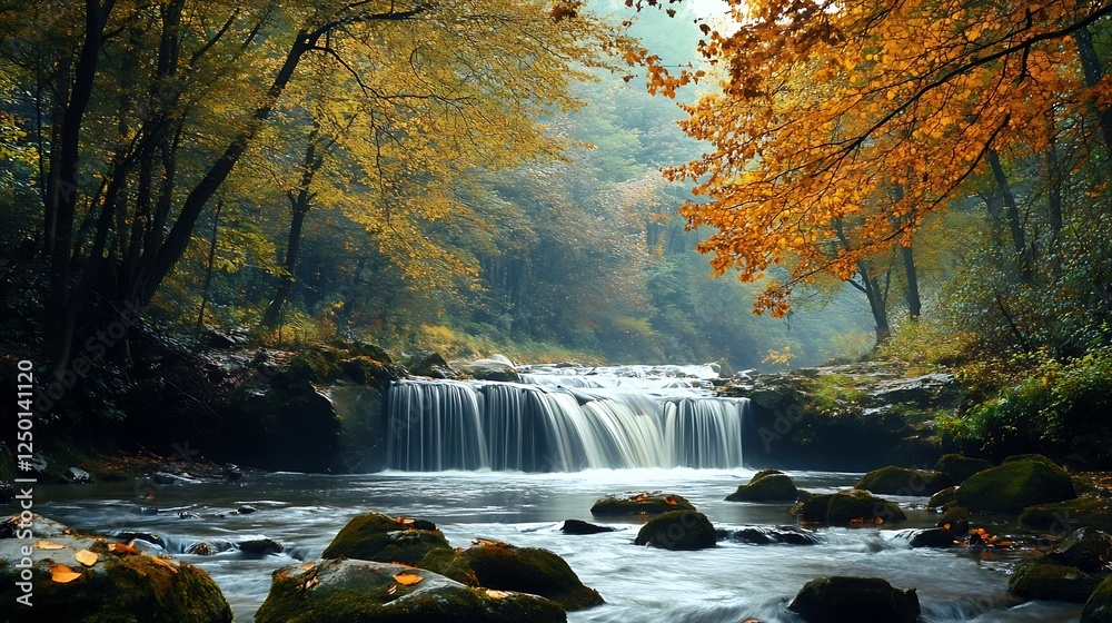 Poster tranquil forest stream flowing past colorful autumn foliage creating a serene natural landscape for 