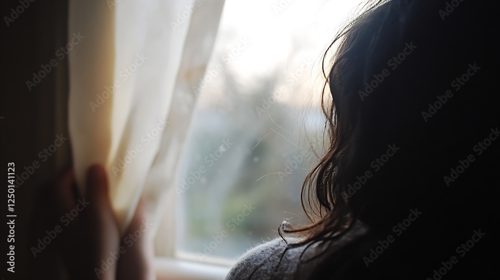 Poster contemplative woman gazing out of a window with soft natural light : generative ai