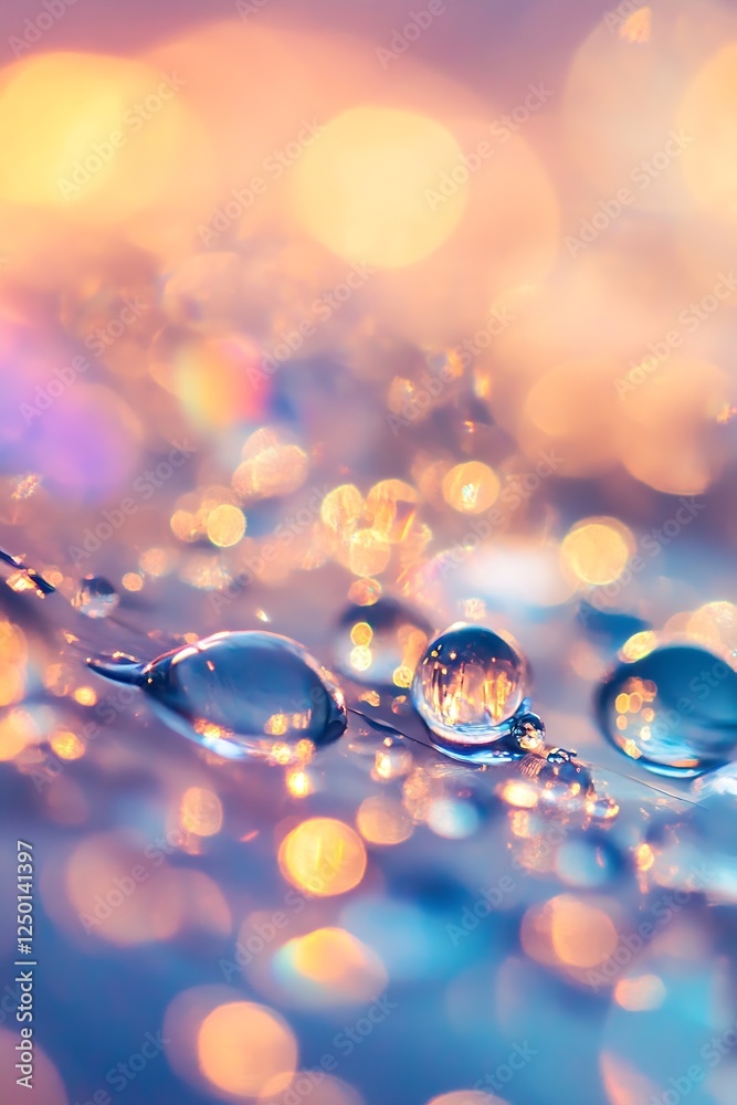 Poster glistening water droplets on surfaces reflecting colorful bokeh lights creating a dreamy effect : ge