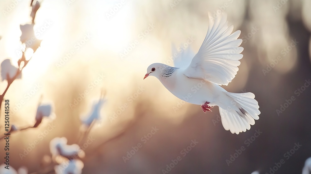 Poster Ethereal White Dove in Flight with Soft Natural Background and Warm Light : Generative AI