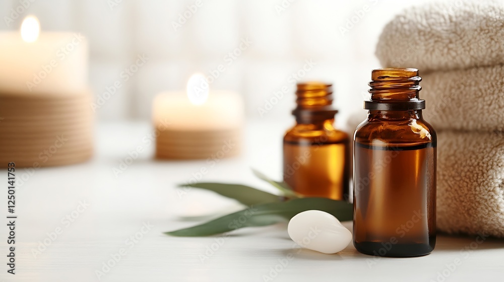 Poster Essential oils in amber bottles with towels and candles for a soothing atmosphere : Generative AI