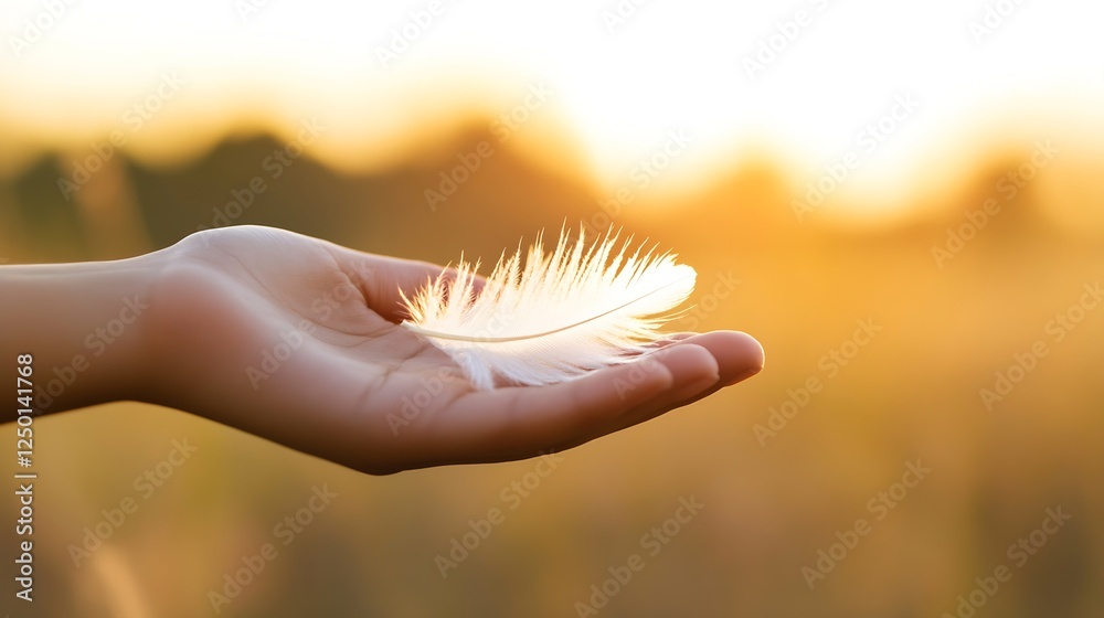 Poster delicate feather resting on a hand with a golden sunrise in the background : generative ai