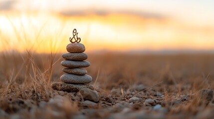 Obraz premium Zen stone stack symbolizing tranquility and balance against a warm sunset backdrop : Generative AI