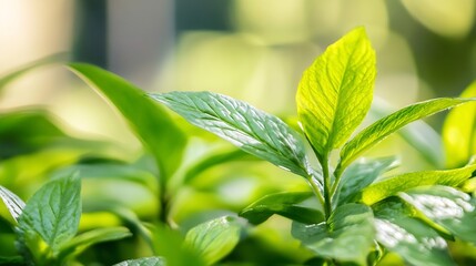 Fototapeta premium Close Up of Fresh Green Leaves in Sunlight Showcasing Nature's Vibrant Detail : Generative AI