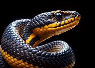 Fototapeta premium Black and Gold Snake Slithering on Black Background - Elegant Reptile Stock Photo