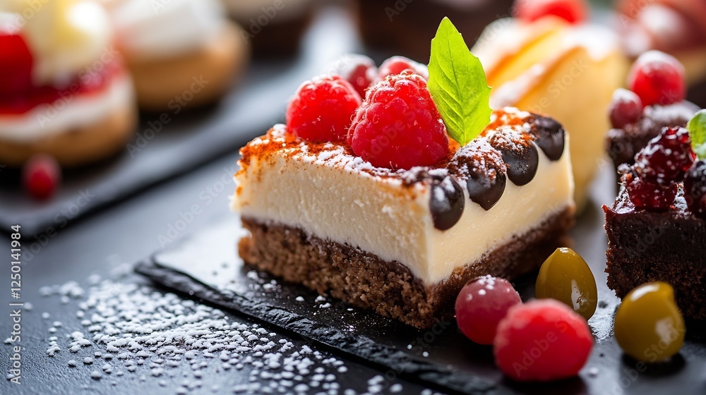 Poster tempting slice of cheesecake topped with fresh raspberries and mint leaves on a dark presentation pl