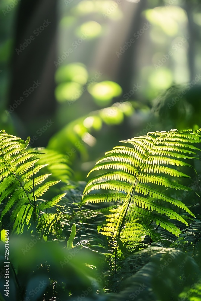 Poster lush green ferns in sunlight creating a vibrant and lively forest scene : generative ai