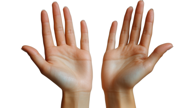 Two open hands raised against a plain background, symbolizing openness and communication. Perfect for concepts related to support and connection.