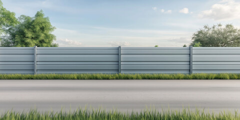 Fototapeta premium Concrete fence, wall panel or barrier at outdoor. Building for privacy of residential, home, house. Including clouds, sky, nobody and empty space on road or pavement floor for background.