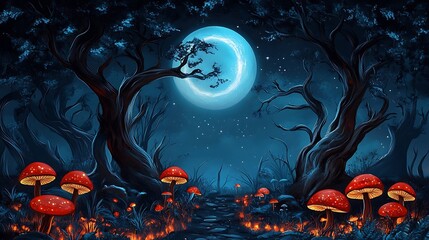 Enchanted Forest Path at Night: Digital Painting of Glowing Mushrooms and Crescent Moon AI Generated