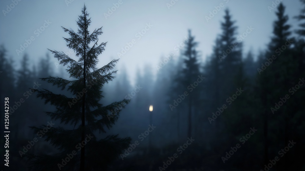 Aufkleber Mysterious Foggy Forest Scene with Pine Trees and Soft Lighting Creating a Serene Atmosphere : Generative AI