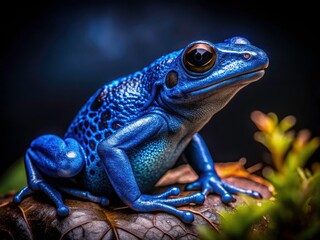 Fototapeta premium Blue Jeans Dart Frog Night Portrait - Amphibian Photography, Macro Photography, Wildlife Photography, Dark Background