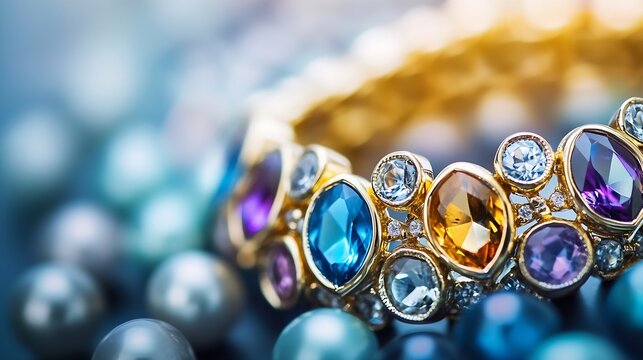 Elegant close up of shining luxury jewelry showcasing colorful gems and pearls in rich detail : Generative AI - Powered by Adobe