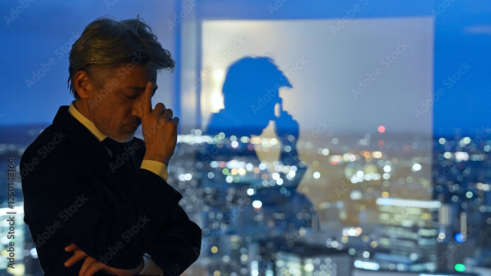 Aufkleber シニア、男性、ビジネスマン、ビジネスパーソン、社長、経営者、夜景、都市、考える、疑問、不安、心配、経営、マネジメント、ホテル、オフィス、ラウンジ、ロビー、展望、人材、中高年、ミドルエイジ、エグゼクティブ、人手不足、事業承継、悩む、悩み、困る、不満、トラブル、問題、課題、憂鬱、落ち込む、ストレス、がっかり、残念、緊張、暗い、シリアス、社会、イライラ、日本人、仕事、働く、残業、ネガティブ、かっこいい、