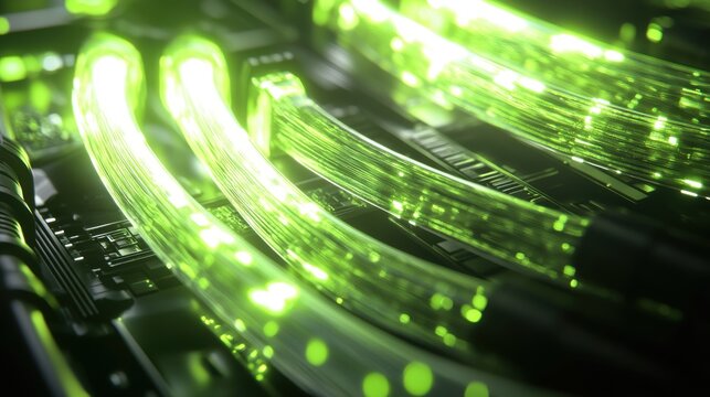Neon Green Data Cables: Close-up view of glowing neon green data cables snaking across a circuit board, creating an abstract image of technological advancement and digital flow.