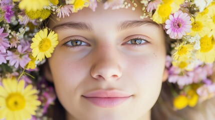 Close Up Woman With Colorful Flower Crown Portrait