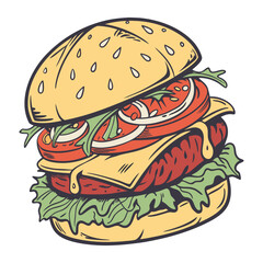 Set of outline fast food drawings. Doodle silhouettes of takeaway meals. Pizza, burger, sandwich, hotdog, ice cream, taco, soda and other elements
