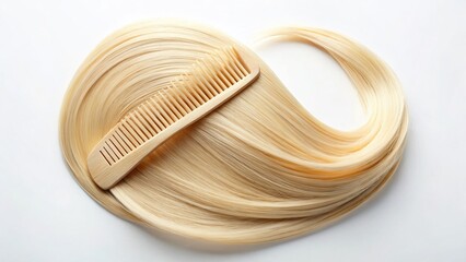 Blonde Hair Strand & Wooden Comb - Minimalist Beauty Stock Photo