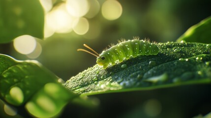 Naklejka premium Macro Shot of Green Caterpillar Creeping on Vibrant Leaf Edge in Nature's Beauty
