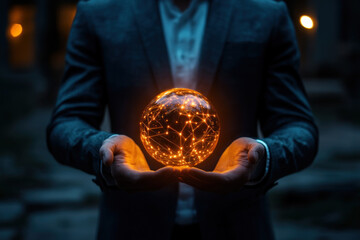 Man holding glowing sphere, surrounded by darkness. The light illuminates his face, creating a mesmerizing contrast.
