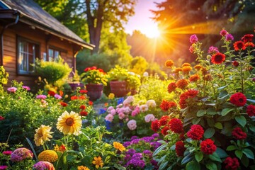 Fototapeta premium Blooming Home Garden: Vibrant Spring Flowers and Lush Greenery