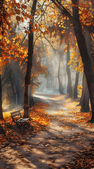Tranquil Autumn Path: Serene Morning Stroll Through a Leaf-Covered Park with Golden Foliage and Sunlit Canopy