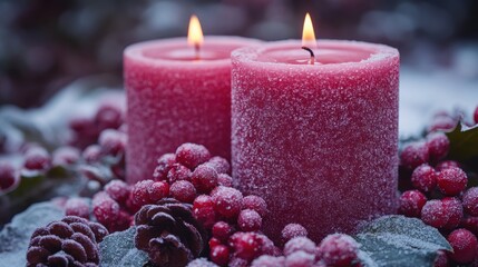 Candle with berries on table for holiday decoration and celebration in realistic photography