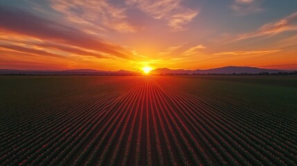 A vibrant sunset over a field with rows of crops, showcasing nature's beauty.