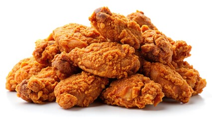 Tilt-shift photography showcases a mountain of spicy fried chicken, perfectly isolated on a stark white backdrop.