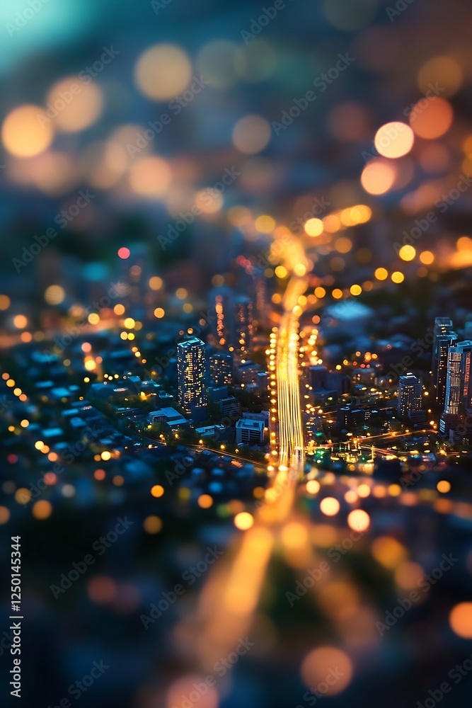 Poster Stunning cityscape with glowing lights and soft bokeh effect at night : Generative AI